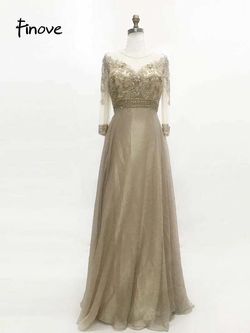 Finove, платья для матери невесты, рукав три четверти, vestido de festa, элегантное ТРАПЕЦИЕВИДНОЕ шифоновое длинное вечернее платье с бисером