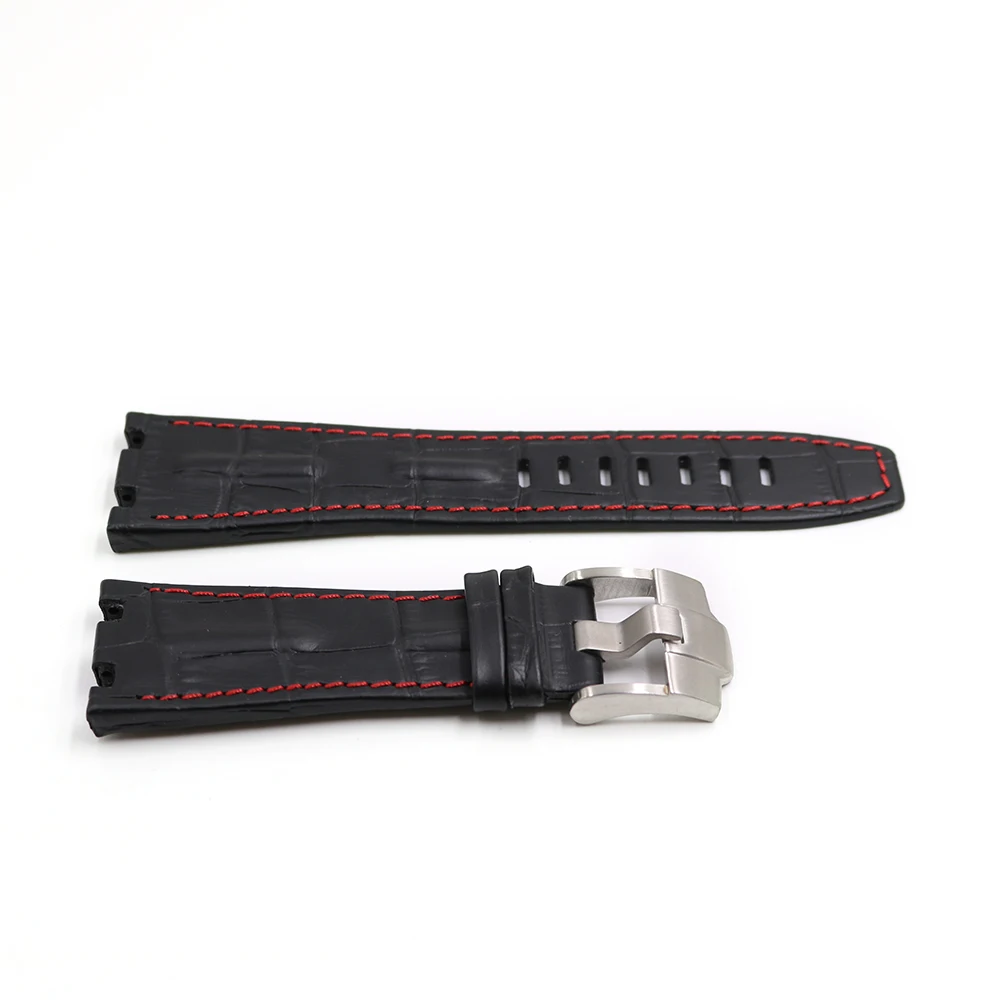 CARLYWET 28mm Black Real Leather Handmade Thick Wrist Watch Band Strap Belt For Oak Offshore 42mm