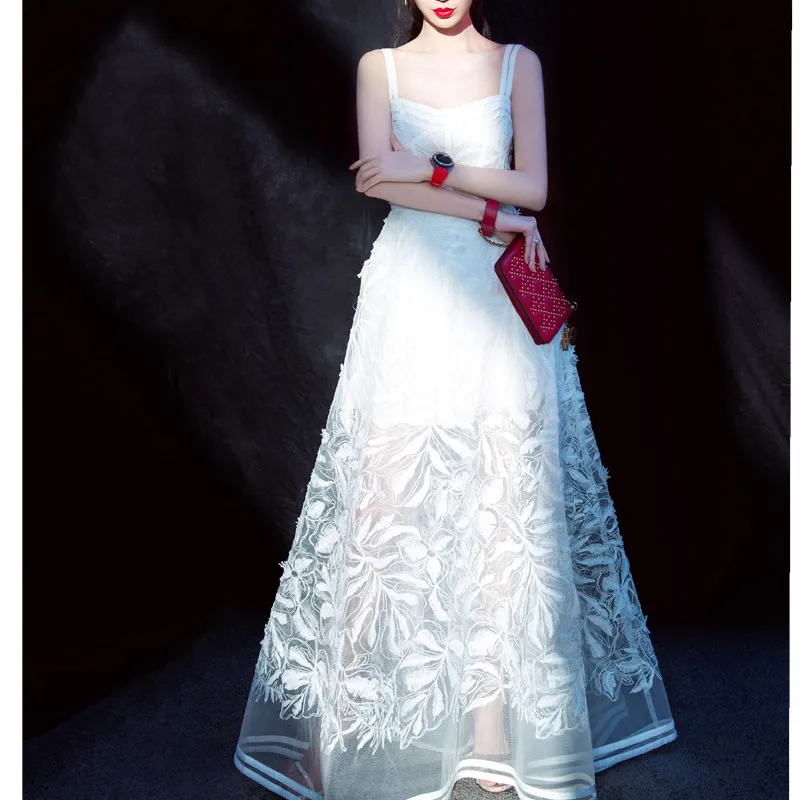 Runway Maxi White Dress 2019 Women Sexy Embroidery Lace Strap Beach Sundress vestido de festa Long Party Dresses | Женская одежда