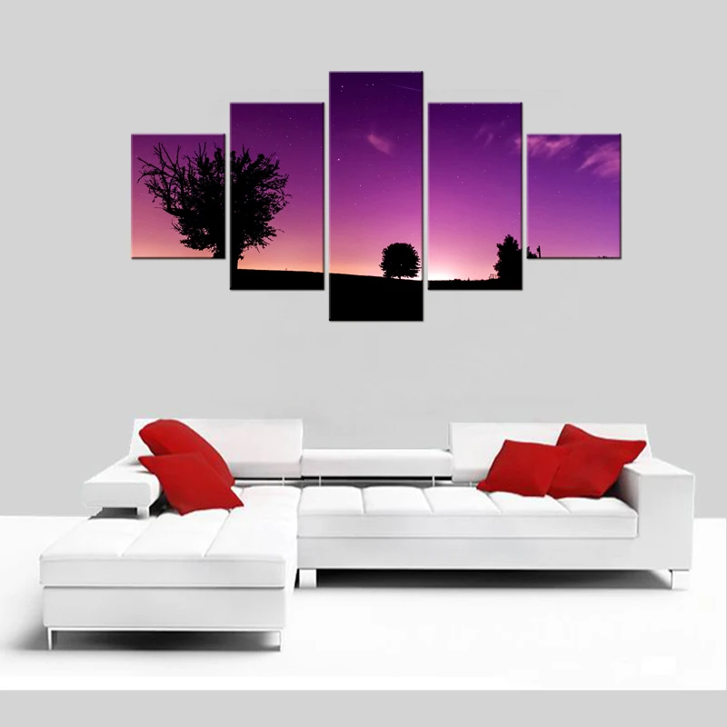 5 Pieces Free Shipping Wall Painting Canvas Tree in Sunset Purple Decorative Art for Living Room Decor Framed | Дом и сад