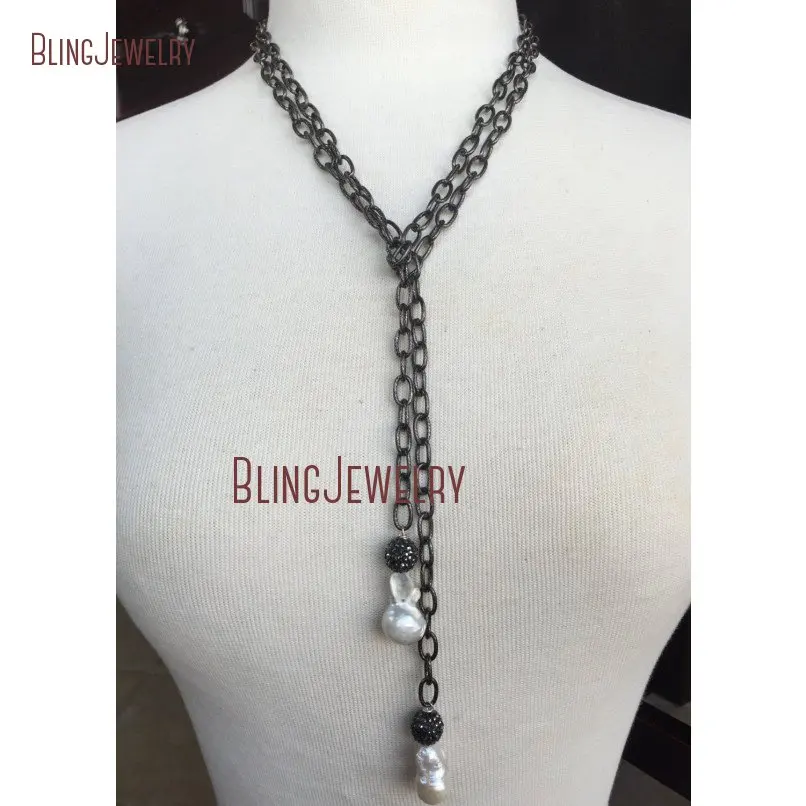 White Freshwater Baroque Pearl Necklace Gunmetal Pave Crystal Ball on Chain Lariat NM18365 | Украшения и аксессуары