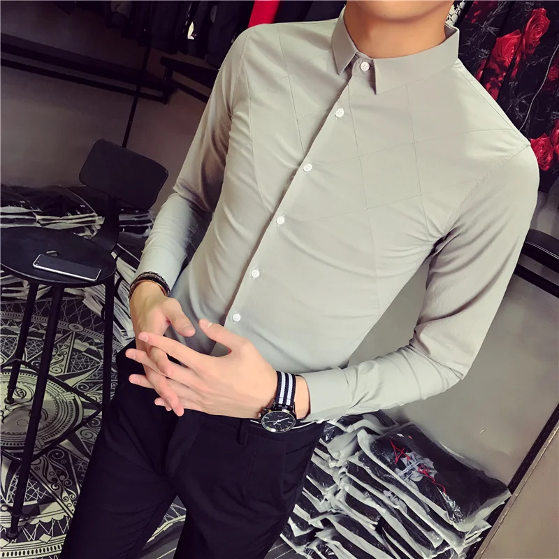 Корейские облегающие рубашки мужские 2019 осенние с длинным рукавом алмазные