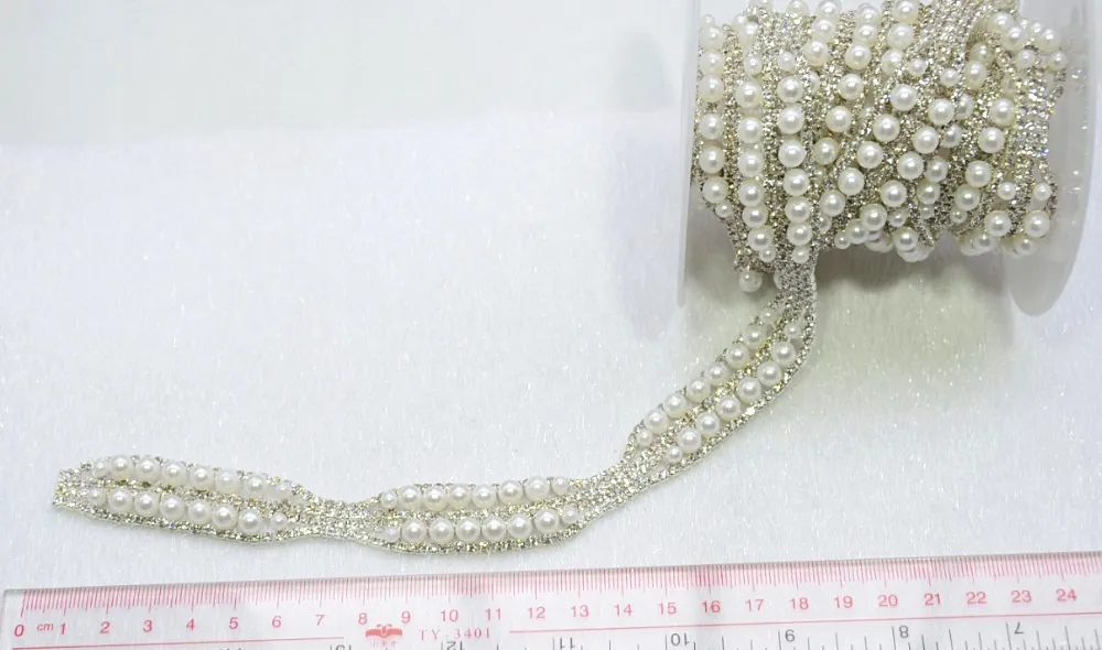 1Yard Rhinestones Pearl Trim Ribbon Costume Applique Rotate White Shiny Beads Silver Claw Diamond Chain Wedding Dress Decoration | Дом и сад