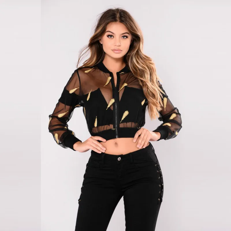 Модные перспектива вышивка Куртки перо узор осень короткое Сетчатое ночной клуб