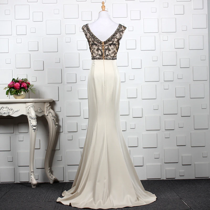 Elegant Light Champagne Crystal Beading Satin Vestidos De Festa Backless Mermaid Formal Long Evening Dresses Prom Party Gowns | Свадьбы и