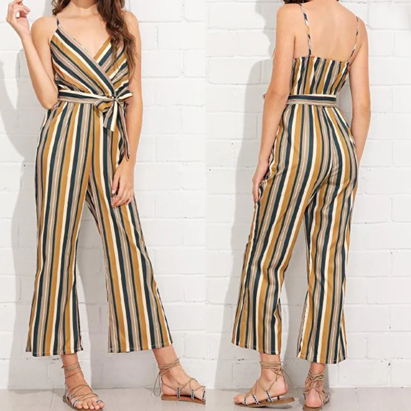 Пикантные сиамский комбинезон с лямкой на шее и принтом в полоску брюки открытой