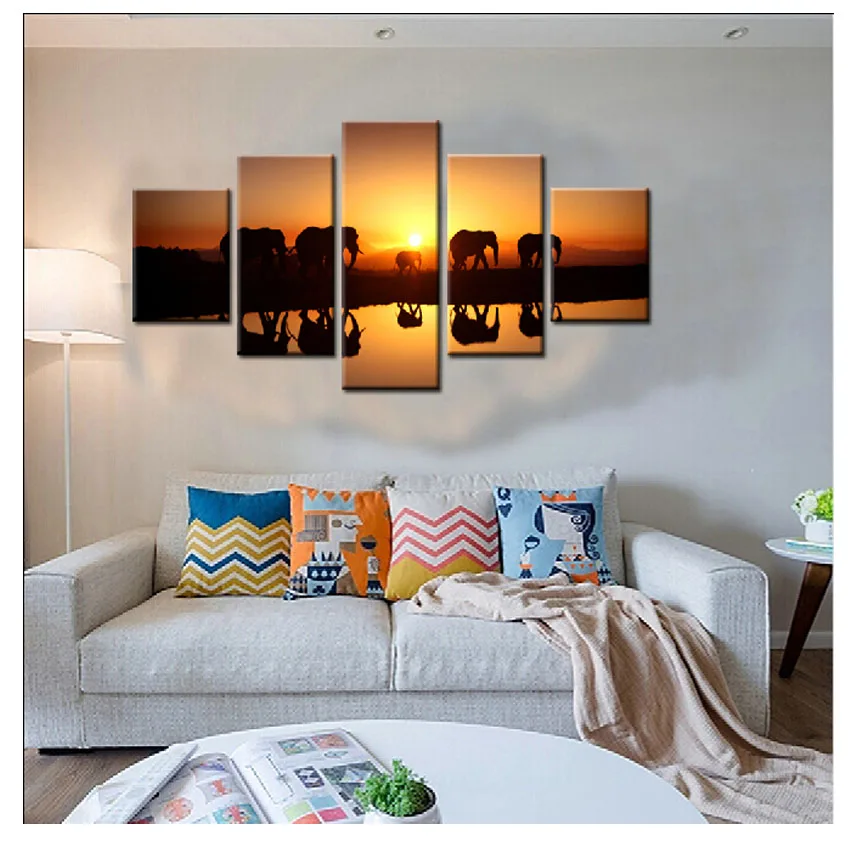 

Elephant Migration Paintings For Living Room Wall Animal Canvas Painting 5 Panel Decorative Pictures Canvas Art