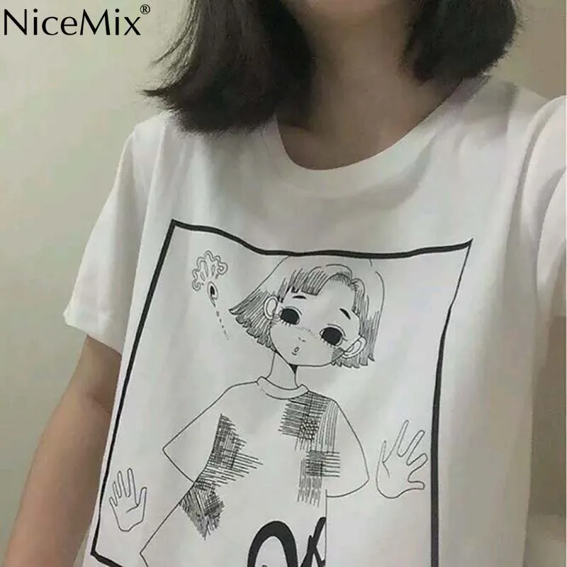 NiceMix летняя Харадзюку футболка Женские готические топы с принтом героев мультфильмов для девочек Kawaii короткий рукав свободная хлопковая Футболка Femme