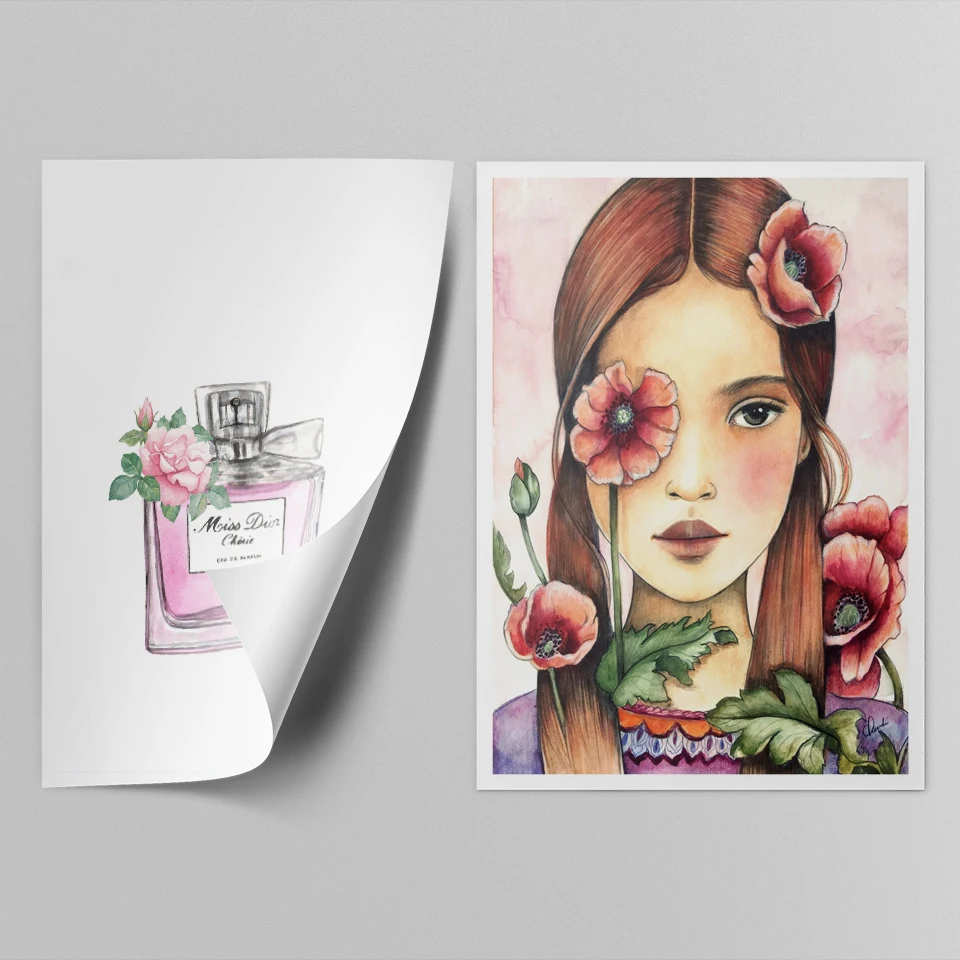 Flower Poppies Girl Portrait Canvas Prints Wall Art Painting Fashion Perfume Pictures Posters for Living Room Home Decor | Дом и сад