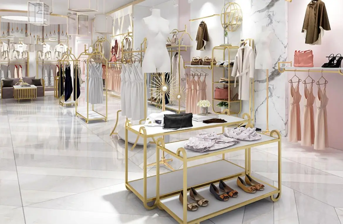 Europe type gold dress shop rack rack high grade clothes rack shoes bag double layer clothing display rack