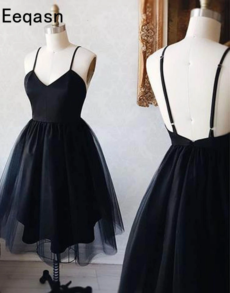 

Sexy Black Short Cocktail Dresses Spaghetti Straps Backless A-line Formal Party Dress Prom Gowns Robe De Cocktail