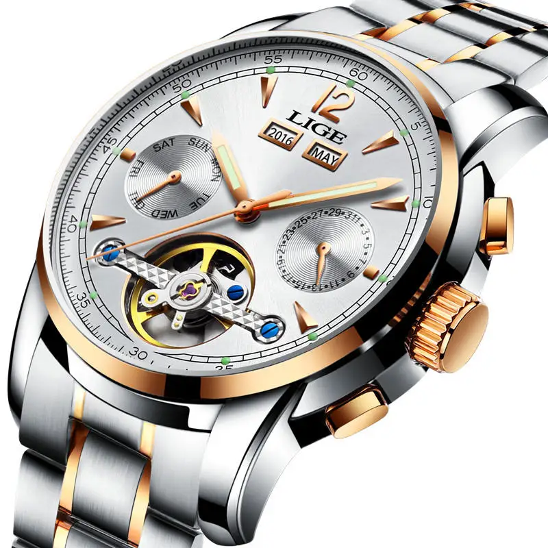 gold white Relojes LIGE, Мужские автоматические механические Спортивные часы, мужские роскошные Брендовые повседневные часы, мужские наручные часы, армейские часы, relogio masculino - Цвет: gold white