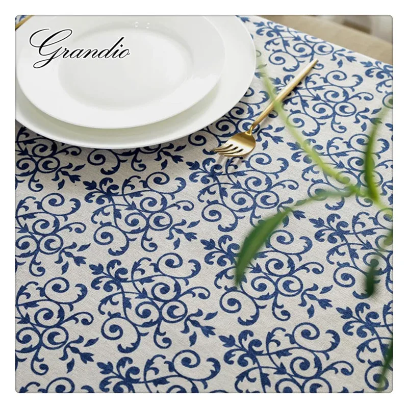Blue and White Porcelain Table Cloth with Lace Trim Blending Cotton Linen Fabric Home Decorative Tablecloth Cover | Дом и сад
