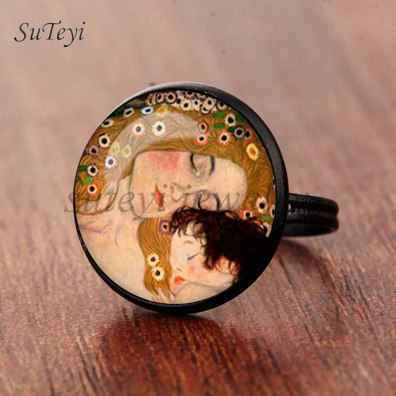 black Suteyi, модные Камея Kiss Klimt из стекла, художественное кольцо для фото, ювелирные изделия ручной работы, регулируемый размер, кольца, подарки для девочек - Цвет основного камня: black