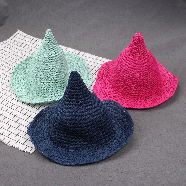 XINGMING Children Solid Straw cap knitting fisherman hat girls fashion witch pointed basin bucket accessories | Аксессуары для