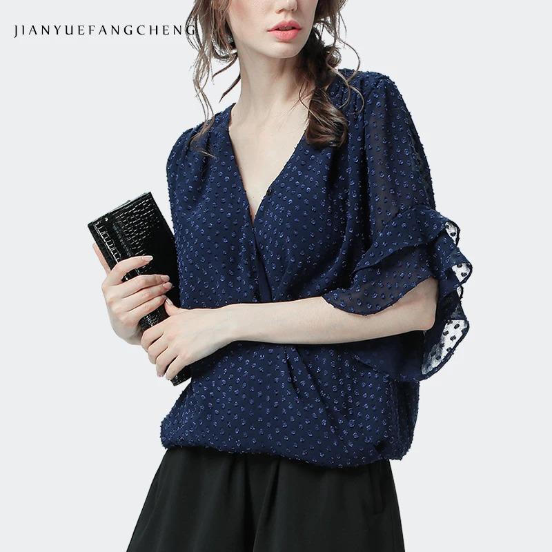 

Women Chiffon Blouses V-Neck Flared Sleeve Tops Female 2019 Summer Women' Blouse Shirt Loose Plus Size Polka Dots Korean Clothes