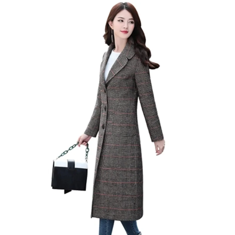 2018 осенне-зимнее женское клетчатое длинное шерстяное пальто Европейский женский