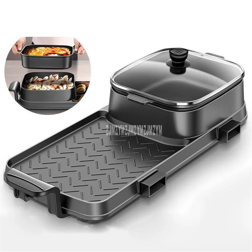 72x25cm 2200W 2in1 Electric Multi Cooker Barbecue Pan Hot Pot Cooker Electric BBQ Griddle Non-Stick Hotpot Roasting Baking Plate