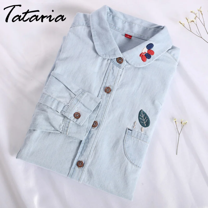 Женская джинсовая рубашка с длинным рукавом вышивкой|denim shirt women|women shirtsshirt women |