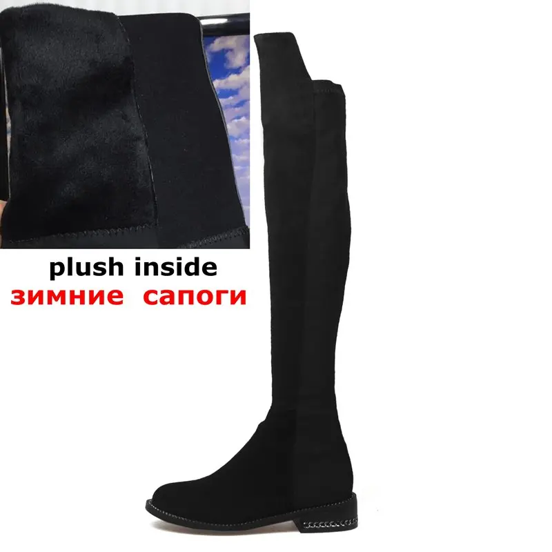 Nubuck leather ALLBITEFO/Большие размеры 34-42; женские ботинки из натуральной кожи и стрейчевого материала на низком каблуке разноцветные зимние ботинки на толстом каблуке - Цвет: Nubuck leather
