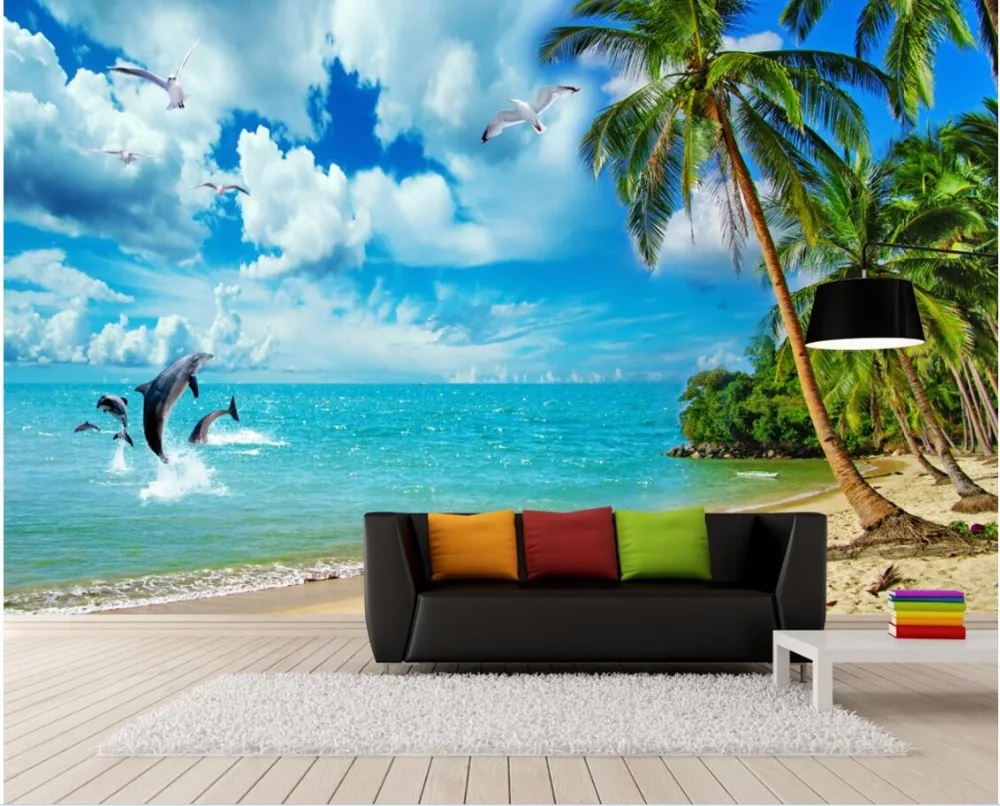 

Настенные 3D-обои на заказ, рисунок дельфина, пляжа, кокосовых деревьев, украшение для гостиной