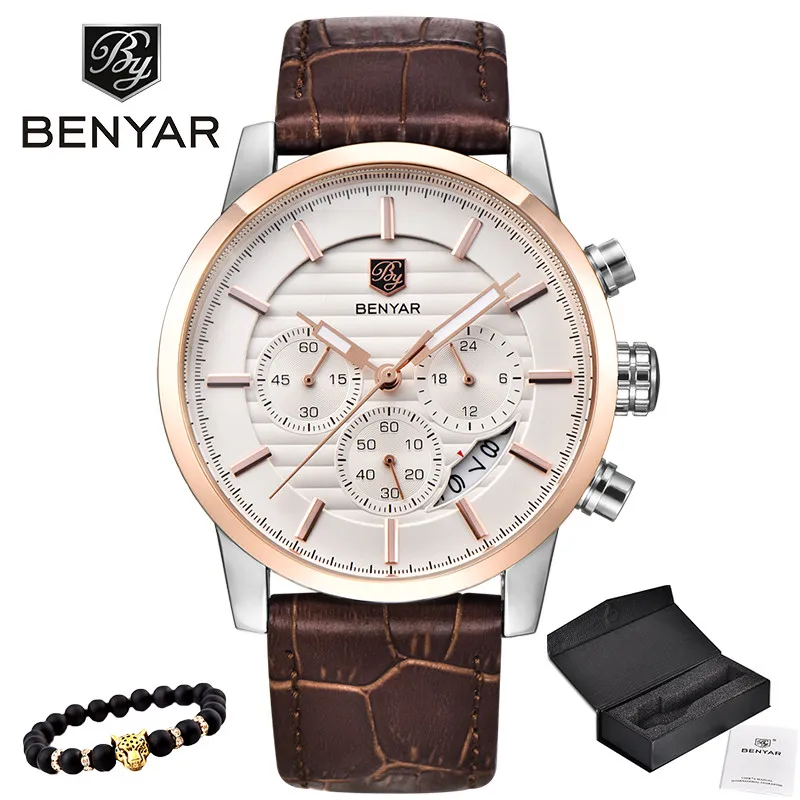 5104-Brown gold BENYAR Топ бренд Роскошные мужские часы Повседневная мода Хронограф Спортивные военные кварцевые наручные часы Relogio Masculino - Цвет: 5104-Brown gold