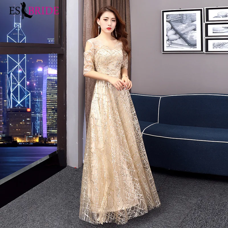 

Gorgeous Champagne Evening Dresses 2019 Lace Women Elegant Prom Dress Formal Holiday Gown Short Sleeve Evening Dress ES1802