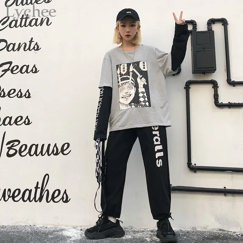 Lychee Harajuku японский Junji Ito аниме принт Женская футболка поддельные 2 шт o-образным вырезом с длинным рукавом Повседневная Свободная Женская футболка