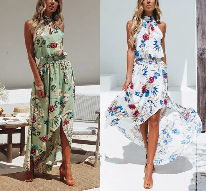 Женское длинное платье без рукавов Boho Пляжное с цветочным принтом и Боковым