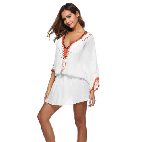 Women Beach Dress Swimsuit Swimwear Bikini Cover Up Holiday Long Sleeve Deep V Neck Tops |