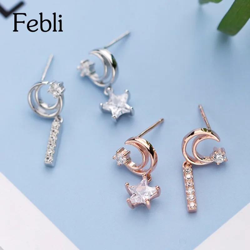 Febli S925 серебро асимметрия Moon звезды серьги фианит розовое золото цвет