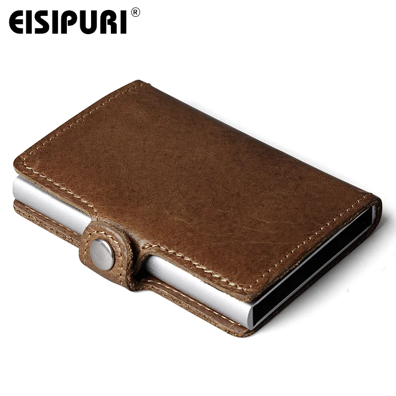 EISIPURI Men Blocking Rfid Wallet Mini Genuine Cow Leather Aluminium Credit Card  Holder Purse Automatic Pop Up Card Case