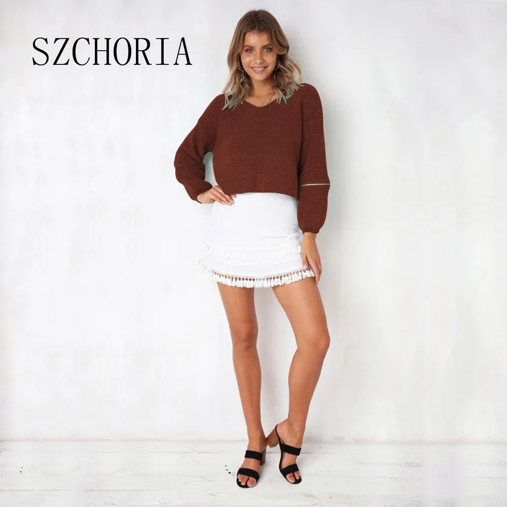 SZCHORIA New Fashion Sweater Women Sexy V Neck Zipper Long Sleeve Design Solid Color Loose Slim Knit | Женская одежда