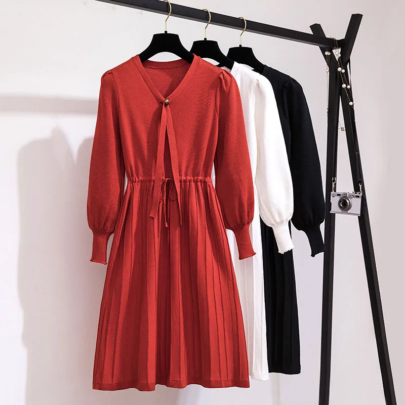 Новинка сезон весна-осень модные вязаные платья на завязках с v-образным вырезом
