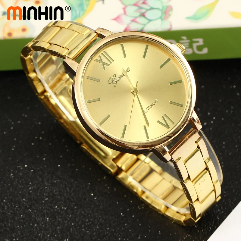 Minhin лучший бренд золото Цвет наручные Femal часы кварцевые римскими цифрами модные