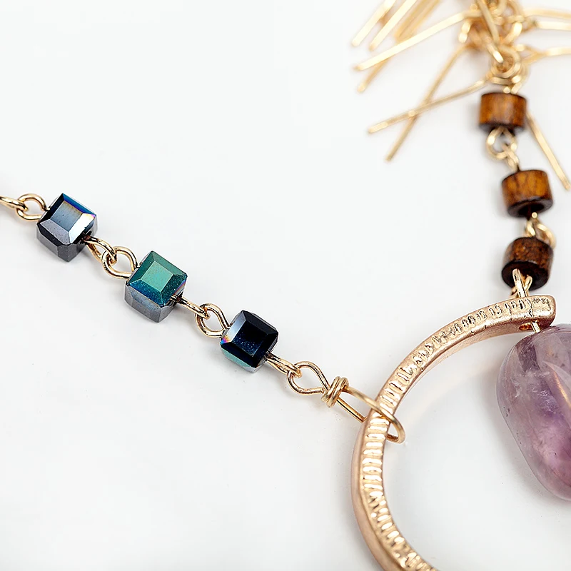 

2017 Handmade Amethysts Pendant Long Chain Necklace Gold Alloy Geometric Wooden Bead Necklace For Female Wholesale MYC03006