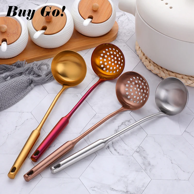 

2PCS Stainless Steel Long Handle Gold Soup Ladle&Slotted Colander Spoon Set Strainer Filter Skimmer Kitchen Cooking Tool Utensil