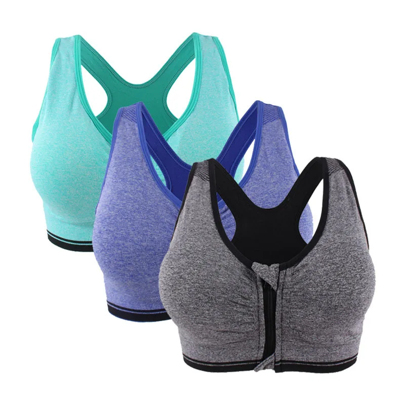 Blue Gray Green 3XL размера плюс, ударопрочный спортивный бюстгальтер на молнии для женщин, мягкий пуш-ап бюстгальтер для йоги, фитнеса, ударопрочный спортивный топ для спортзала и бега - Цвет: Blue Gray Green