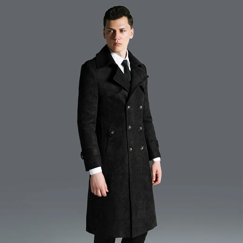 Black Plus Size Winter Long Jacket Men Suede Windbreaker Mens Black Leather Trench Coat Slim Cloak Male Outerwear Long Coat 5XL 6XL - Цвет: Black