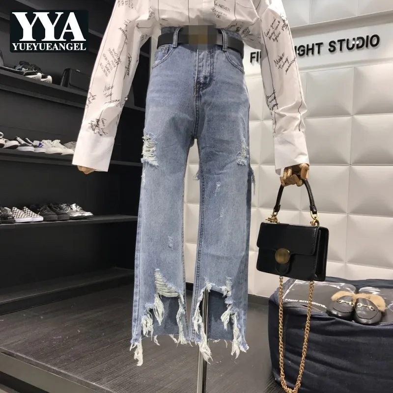 Рваные прямые джинсовые брюки до щиколотки в Корейском стиле хип-хоп женская