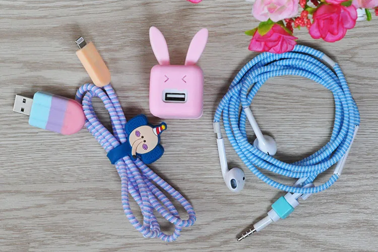 Хороший подарок милый мультфильм USB кабель наушников протектор набор с Устройства для сматывания шнуров Наклейки шнур спираль протектор для iPhone 5 6 6S 7 Plus