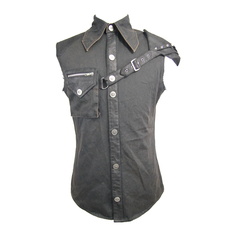 

Steampunk Men's Lapel Sleeveless Slim Fit Shirt Studded Pocket Single Breasted Top Black Brown