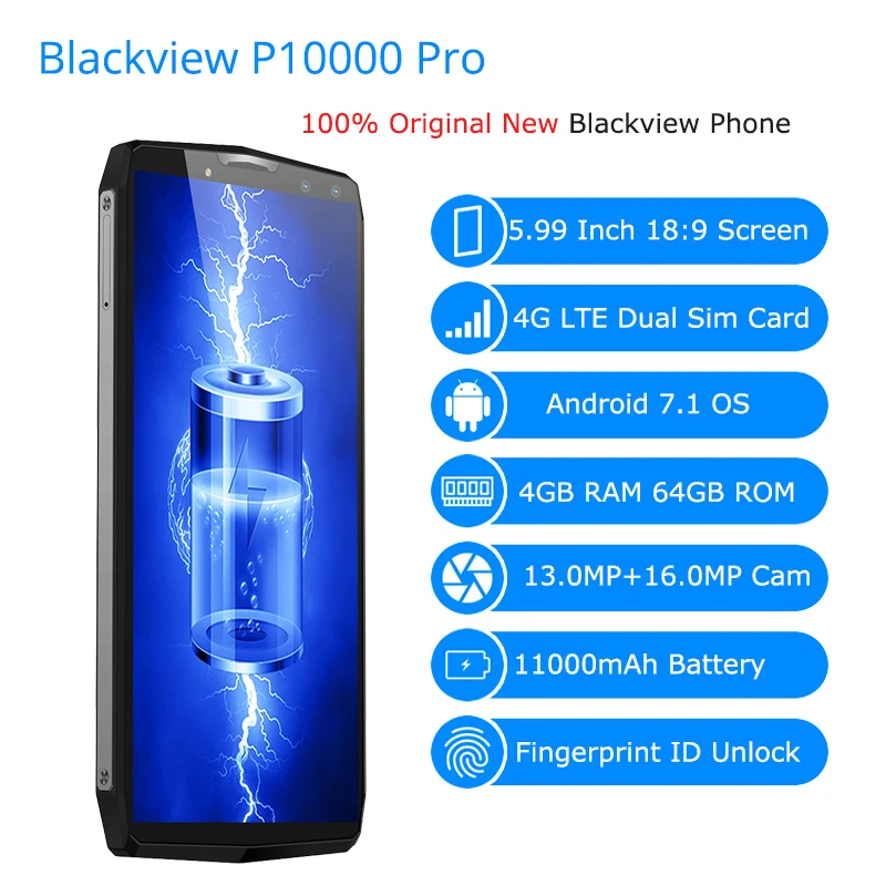 Смартфон Blackview P10000 Pro 5 99 дюйма 18:9 FHD Android 7 1 четыре ядра 11000 мА/ч 4 Гб ram 64 ГБ rom камеры 16