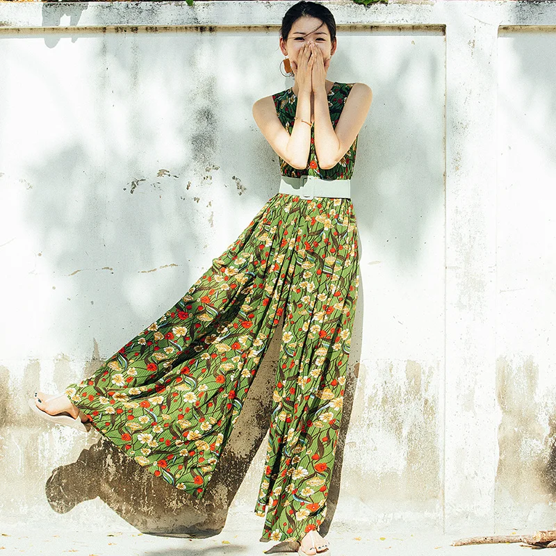 VERRAGEE/новый летний женский комбинезон в стиле ретро с длинными широкими штанинами