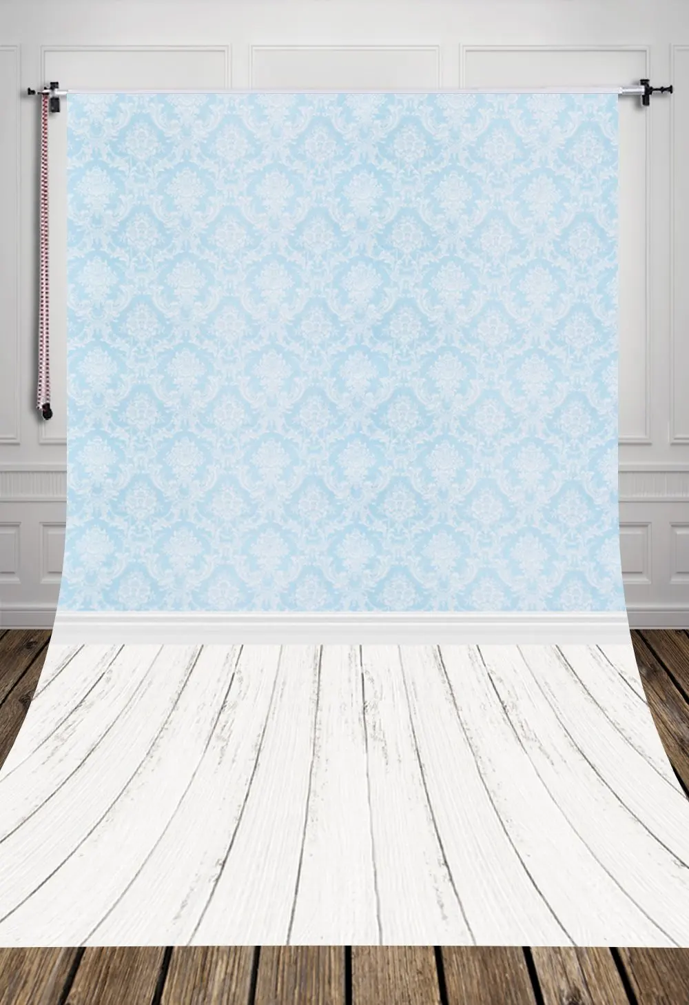 

5x7ft Blue Damask Backdrop White Wooden Floor Boys Backdrop Photography Backdrop Photo Background