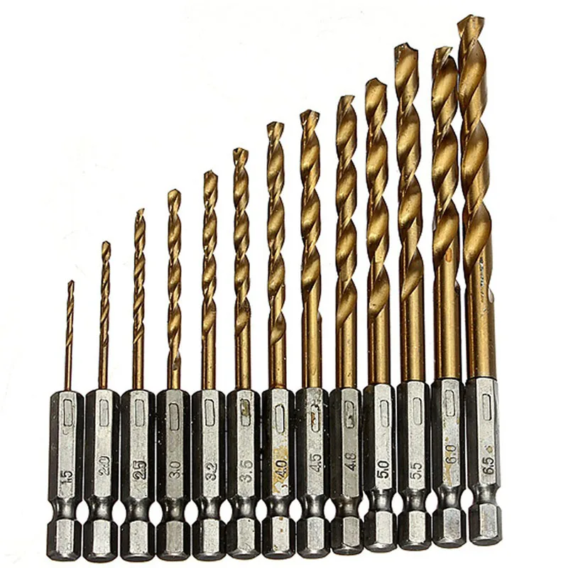 

13PCS/Set 1.5 - 6.5mm High-Speed Steel Hexagonal Shank Titanium Coated H Twist Drill Bit Set for Metal Power Tools Drill--M25