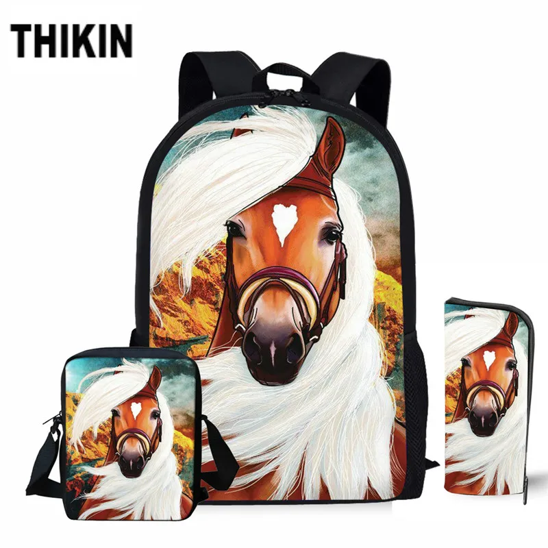 Женский рюкзак карандаш THIKIN Cool Horse с 3D принтом 3 шт./компл. портфель школьные сумки
