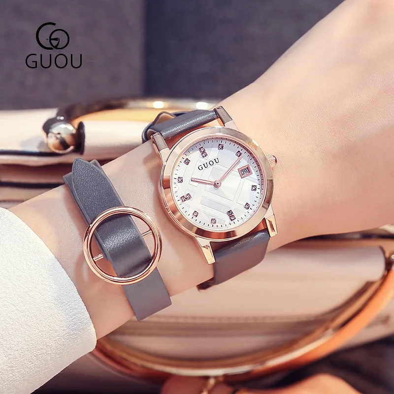 Модные Часы GUOU кварцевые часы с календарем платье из натуральной кожи со