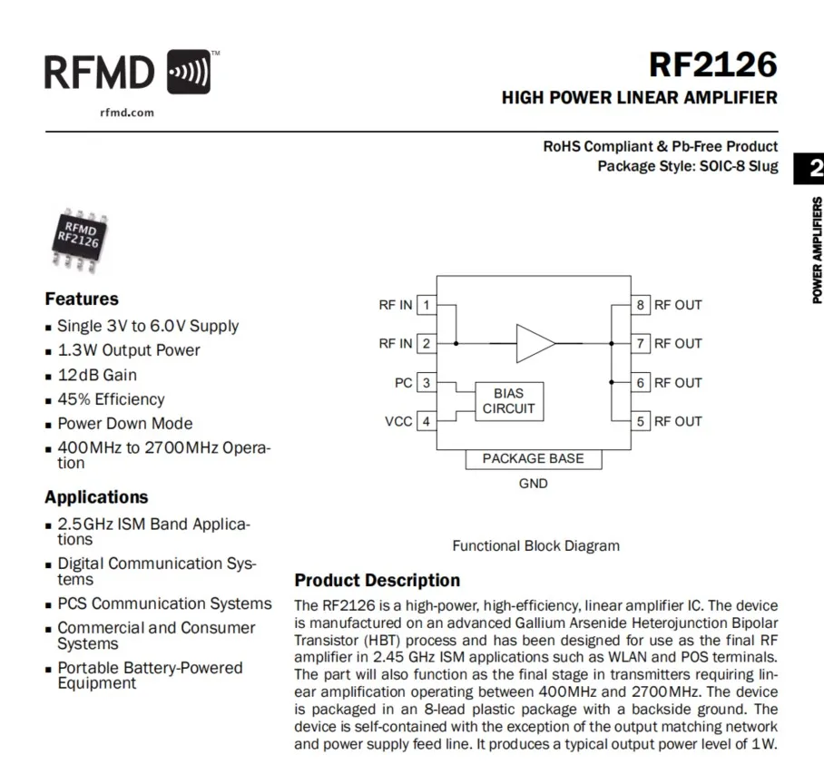 РЧ усилитель RF2126 400M 2700 МГц мощности 2 4 ГГц 1 Вт для Wi Fi Bluetooth Ham радио