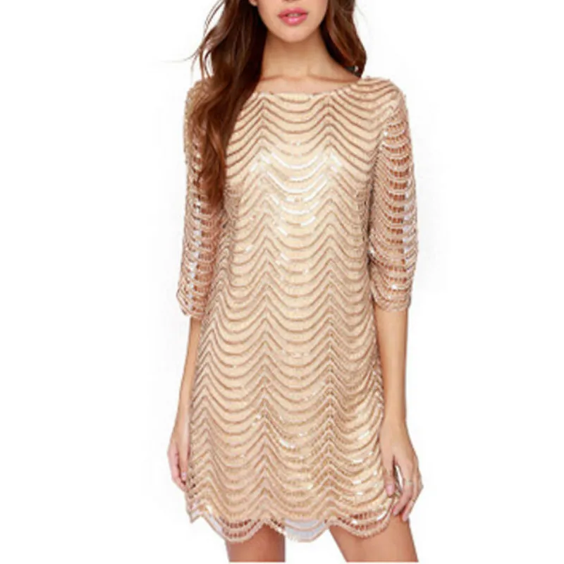 Женское платье с О образным вырезом Золотое блестящее большого размера коротким